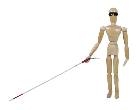 Visually challenged model with a white cane with caution stripe and blackout glasses - path included