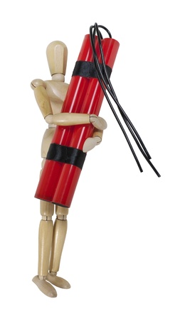 Model holding a bundle of red sticks of dynamite with long fusesの写真素材