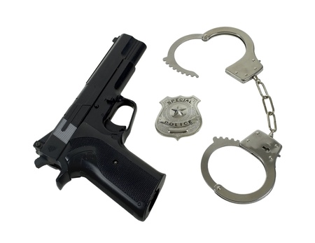 Silver special police badge with a star with gun and handcuffs - path included