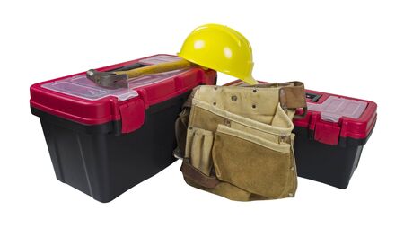 Toolboxes and hammer with leather tool belt and hard hat - path included