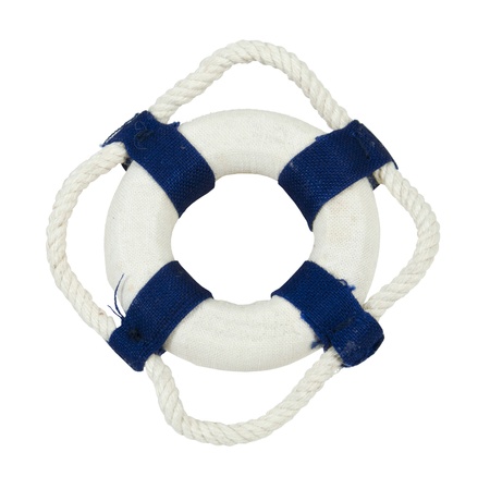 Round floatation life preserver with rope handles for easy grabbing during emergencies