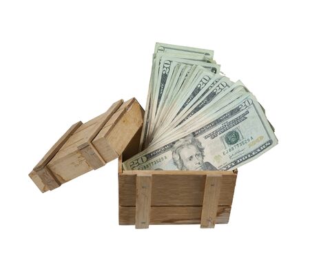 Wooden crate used to protect cargo while being shipped full of money - path includedの写真素材