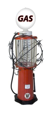 Sharp razor wired used as a barrier wrapped around a gas pump - path included