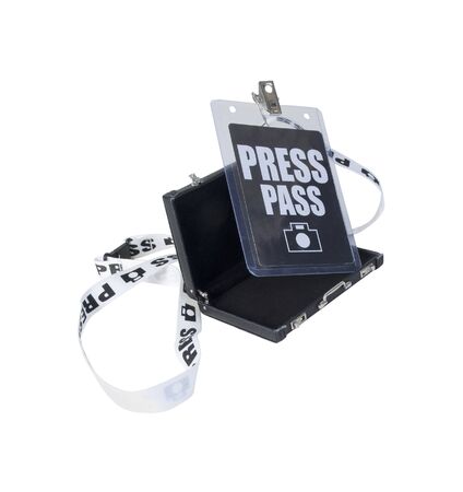 Plastic covered Press pass on a tethered lanyard in a Briefcase - path included