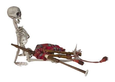 Skeleton with Traditional Scottish Bagpipes with Reeds and Bag - path includedの写真素材