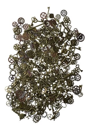 Antique Keys and Gears Splayed Out on the Table - path included