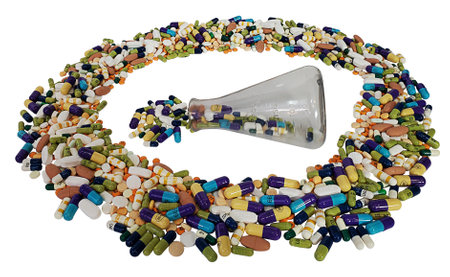 Large beaker Used during medical and scientific tests surrounded by pillsの写真素材