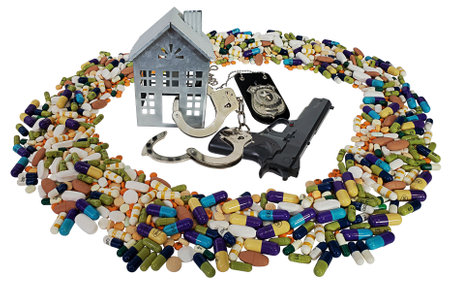 Shiny Police Badge with handcuffs and gun and house surrounded by drugsの写真素材