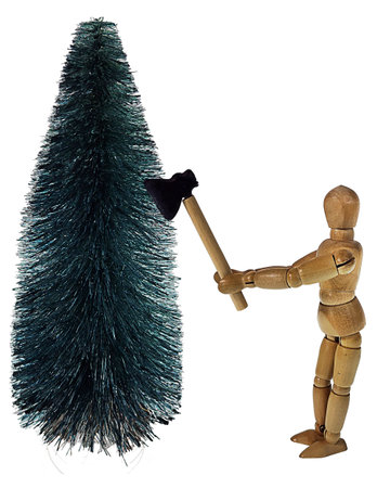 Swinging an axe at a tree to cut it down