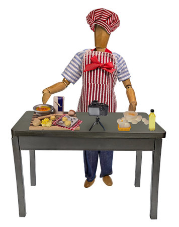 A chef with all of the ingredients to cook biscuits with a camera to post the instructions onlineの写真素材