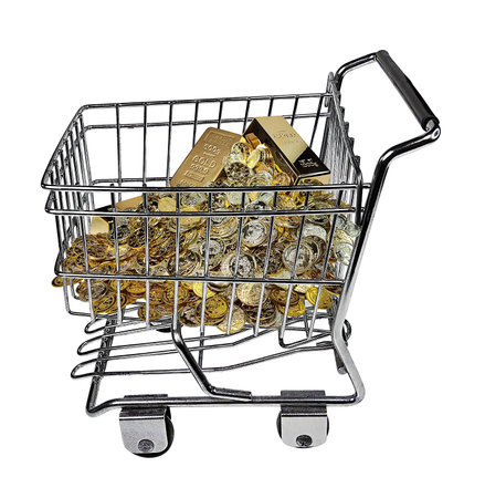 A Shopping Cart full of gold to show shopping for investmentsの写真素材