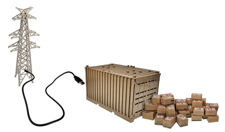 Providing energy process for shipping products shown by a shipping container with shipping boxes plugged into a line poleの写真素材