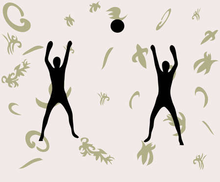 Two men with ball on gray background with miscellaneous element のイラスト素材