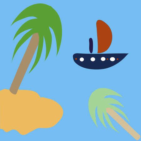 Nave and island with palm, illustrationのイラスト素材
