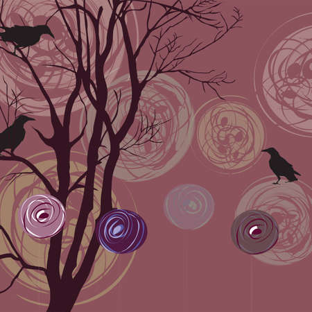 Background with tree, ravens and abstract elements, vector, illustrationのイラスト素材