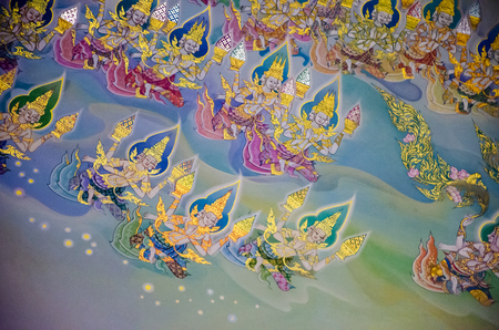 BANGKOK ,THAILAND - 9 JULY 2014 : masterpiece of traditional Thai mural  style paintingin on the wall of church of Wat Rama 9 Kanchana Pisek Buddhism Temple Bangkok Thailandのeditorial素材