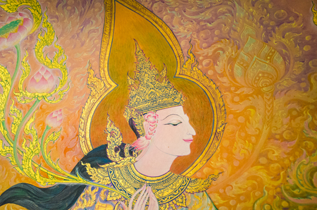 BANGKOK ,THAILAND - 9 JULY 2014 : masterpiece of traditional Thai mural  style paintingin on the wall of church of Wat Rama 9 Kanchana Pisek Buddhism Temple Bangkok Thailandのeditorial素材