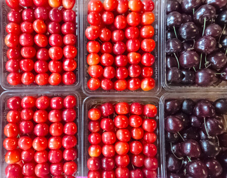 Red and Black Cherries on boxes in marketの写真素材