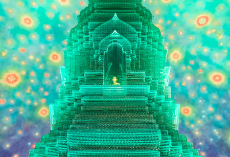 Bangkok Thailand - October 28,2014 : The emerald green pagoda closeup with golden monk statue at Wat Paknam ,Phasicharoen in Bangkok ,Thailandのeditorial素材