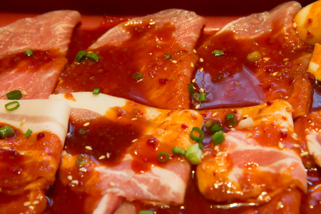 Raw marinated beef closeupの写真素材