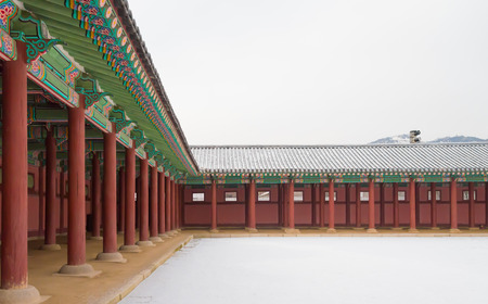 Gyeongbokgung Palace , Famous historic place in winter with snow in Seoul South Koreanのeditorial素材