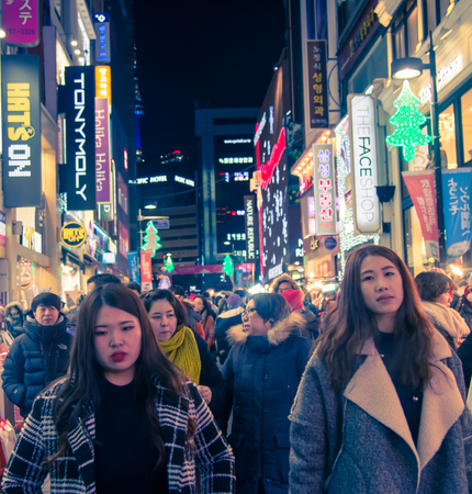 Seoul, Republic of Korea - January 1, 2015 : Crowd people  in Seoul capital of South Korea, as urban scene at nightのeditorial素材