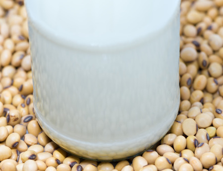 Soy milk bottle  on soy beans backgroundの写真素材