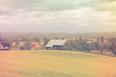 Farmland village in Hokkaido Japan in rainbow pastel toneの写真素材