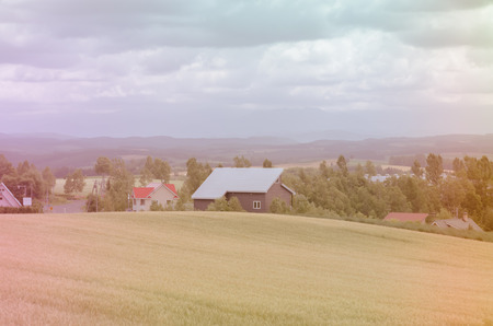 Farmland village in Hokkaido Japan in rainbow pastel toneの写真素材