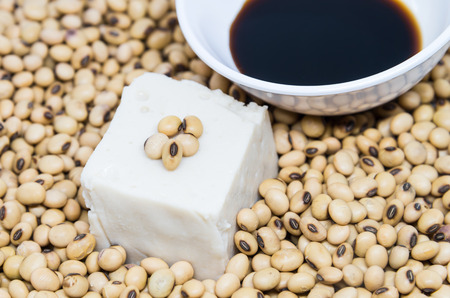 Soy tofu with soybean and soy sauce on soybeans backgroundの写真素材