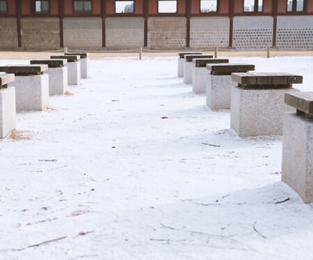 Korean Palace exterior in winter with snowの写真素材