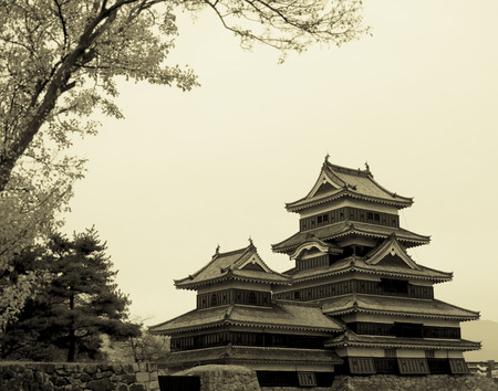 Masumoto Castle , Black palace for war in autumn at nagano province in  Japan vintage sepia toneのeditorial素材