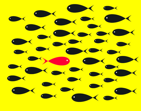 Red  Fish swim opposite upstream the ton of black fish on yellow background illustrationsのイラスト素材