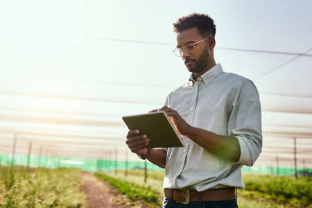 Its the only life for him. Cropped shot of a handsome young male farmer using a tablet while working on his farm.の写真素材