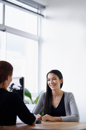 Tell me about yourself. Shot of two young businesswomen having a discussion at a desk.の写真素材