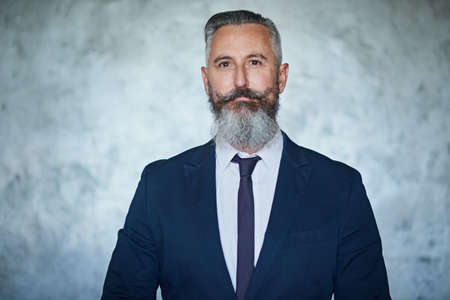 Going into boss mode. Portrait of a handsome middle aged businessman wearing a formal suit while standing against a grey background.の写真素材