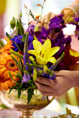 Bouquet of beauty. Closeup shot of a florists hands arranging a colourful bouqet.