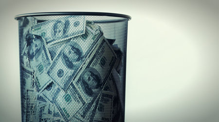 One mans trash is another mans treasure. Studio shot of a waste basket filled with money.の写真素材