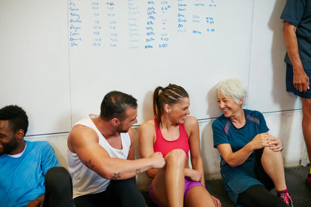 That was awesome. Shot of a group of people chilling at the gym after a workout.
