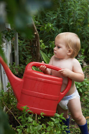 Curious about how nature works. An adorable baby boy watering the garden.の写真素材