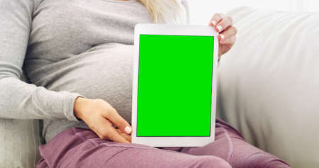 All you need to know about pregnancy right here. Shot of an unrecognizable pregnant woman holding up a tablet at home.の写真素材