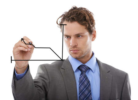 Indicating the expected growth of the company. A businessman drawing a graph on glass against a white background.の写真素材