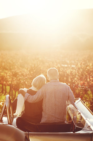 The vineyards are beautiful during fall. Rearview shot of a senior couple looking out over the winelands.の写真素材