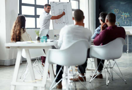 Showing them the way forward. Shot of a group of businesspeople meeting in the boardroom.の写真素材