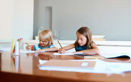 School is cool and they already know it. Shot of two adorable young children doing their homework...