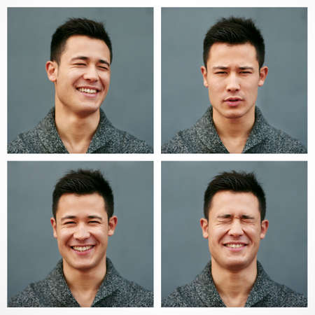 Express yourself. Composite shot of a young man doing different facial expressions against a grey...