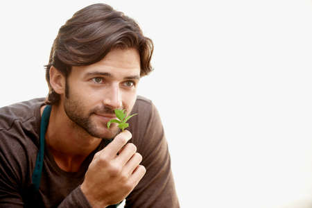 Breathe in natures goodness. A handsome bearded man smelling fresh herbs.