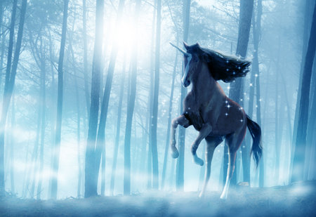 Always let your imagination run wild. Shot of a beautiful unicorn running through a mystical forest.の写真素材