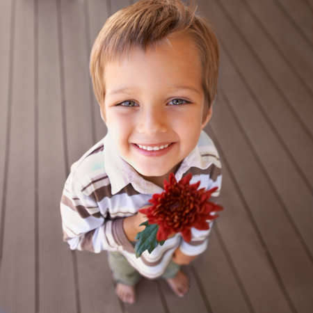 Ive got a surprise.... Shot of a cute little boy holding a red flower.