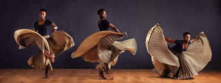 Freedom in motion. Montage of a dancer with flowing performing dramatic poses.